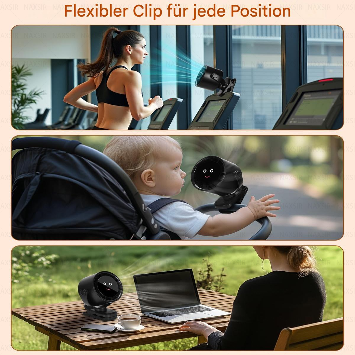 Drei Bilder, die einen Ventilator in verschiedenen Szenarien zeigen. Er wird im Fitnessstudio, Kinderwagen und auf einem Tisch verwendet.