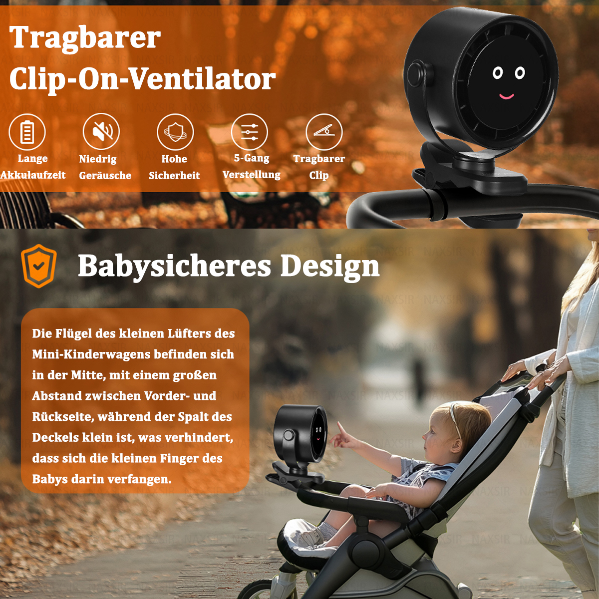 Ein schwarzer Ventilator ist an einem Kinderwagen befestigt. Ein Baby sitzt im Kinderwagen. Text: 'Babysicheres Design'.