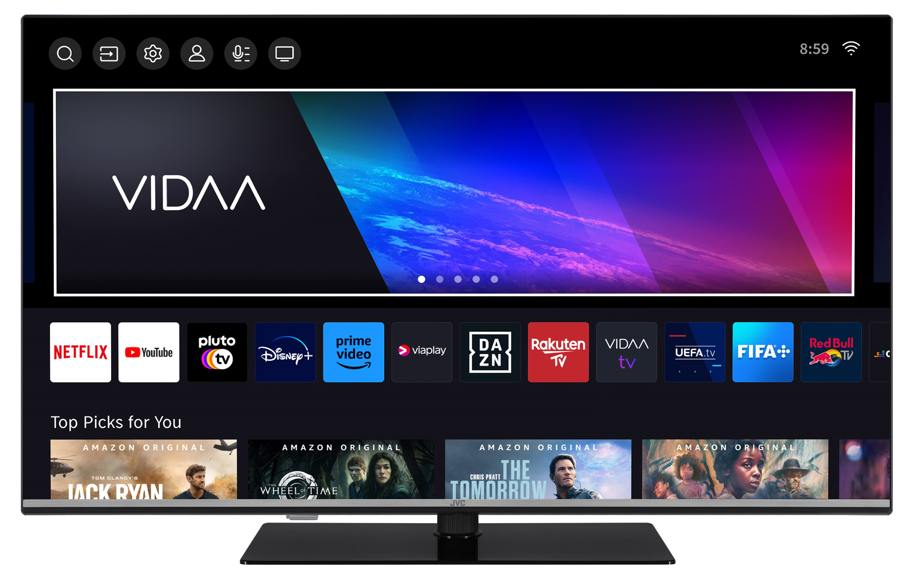 Ein moderner Fernseher, der die VIDAA-Oberfläche anzeigt, mit verschiedenen App-Symbolen unten.