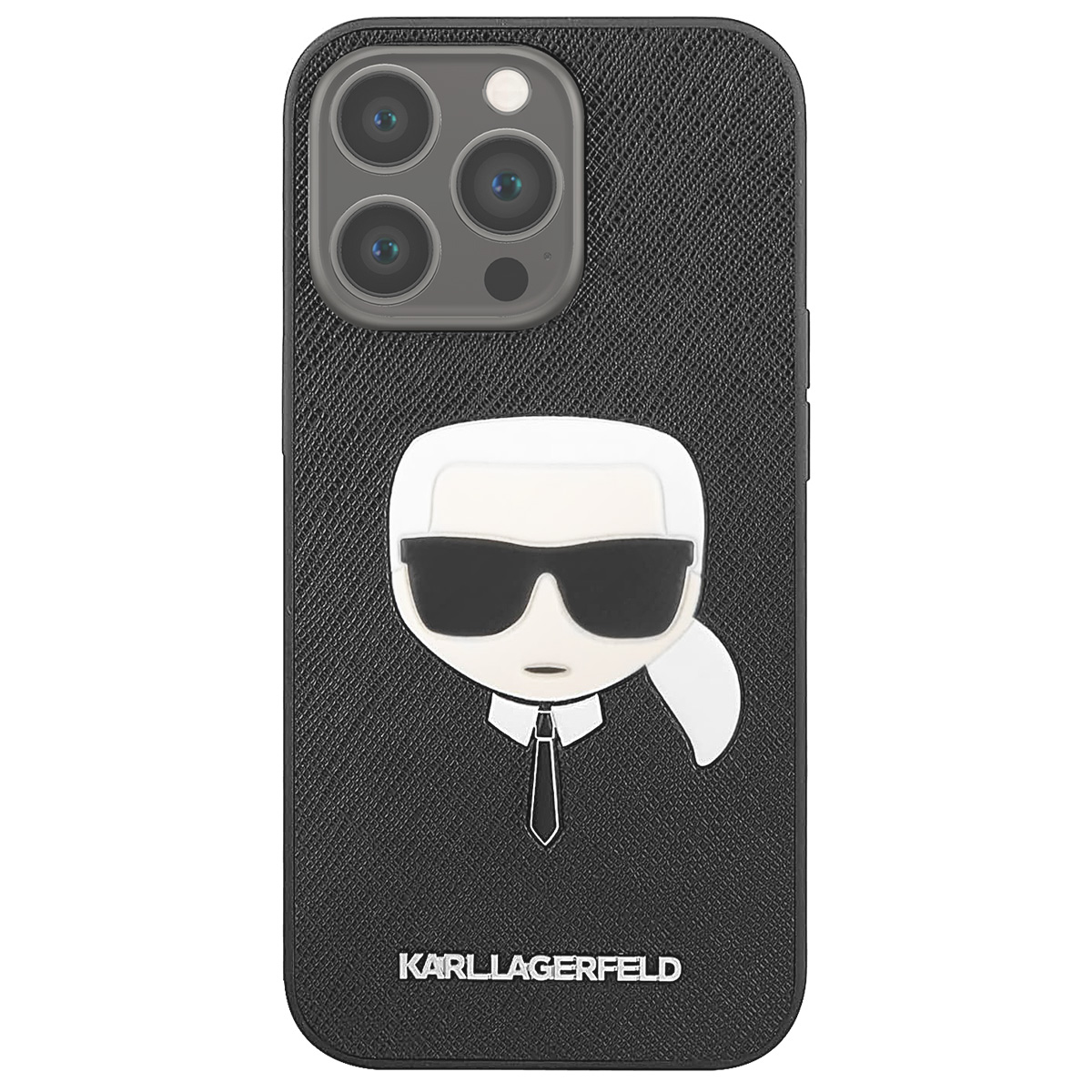 Eine schwarze Handyhülle mit einem Karl Lagerfeld-Design, das das Gesicht des Designers zeigt.