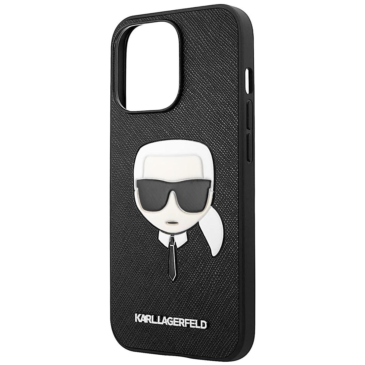 Schwarze Handyhülle mit Karl Lagerfeld Design: weißes Gesicht, schwarze Sonnenbrille und Krawatte.