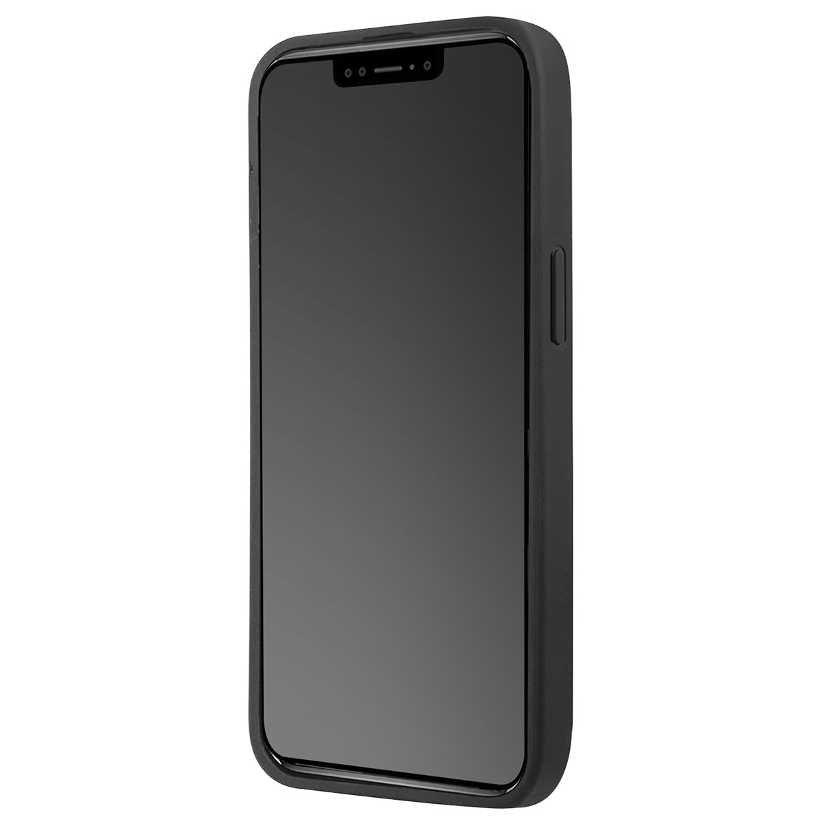 Schwarzes Telefon mit schwarzem Bildschirm in schwarzer Hülle, leicht angewinkelt.