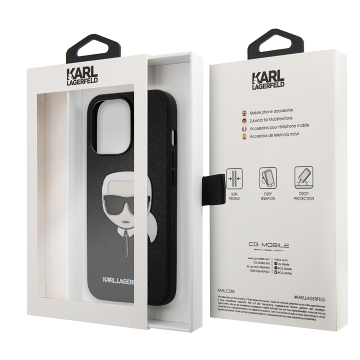 Eine Handyhülle mit Karl Lagerfeld-Design und die offene Einzelhandelsverpackung.
