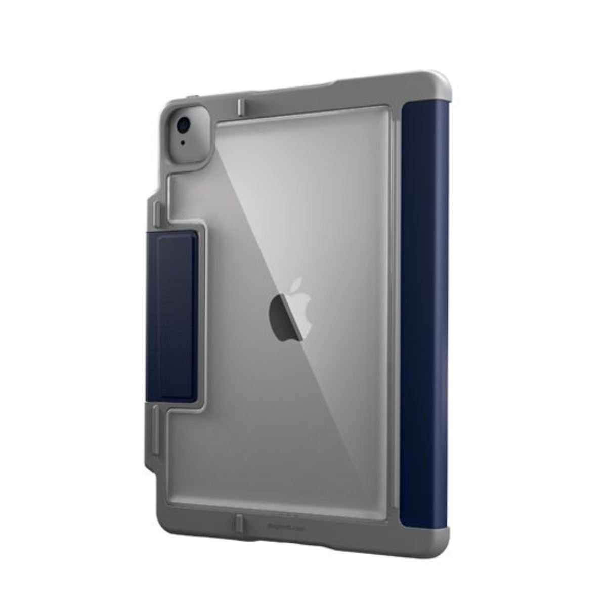 Un iPad in una custodia protettiva, la custodia è grigia e blu navy.