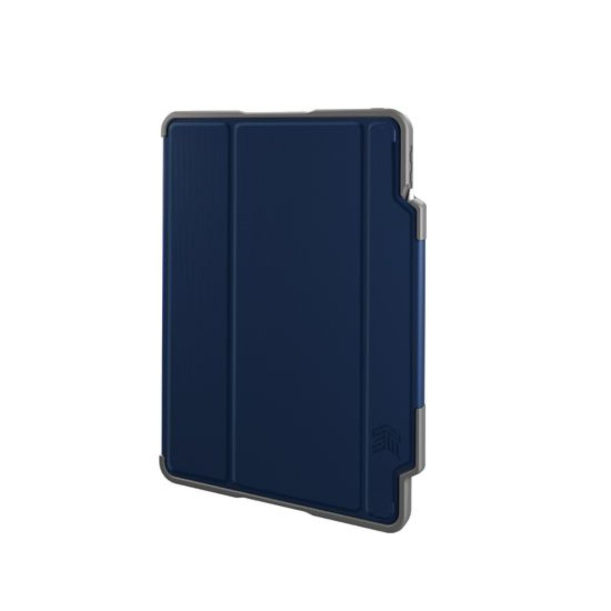 Una custodia per tablet blu scuro con bordo grigio. La custodia è chiusa, con un ritaglio sul lato destro.