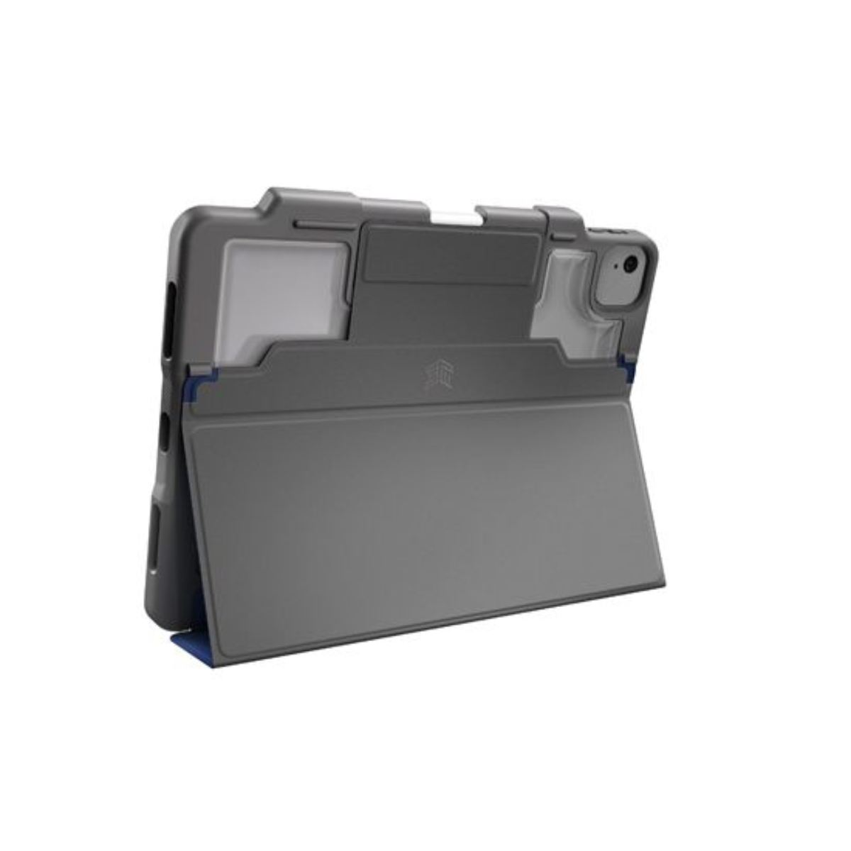 Custodia grigia per tablet su sfondo bianco, con supporto e portapenne.
