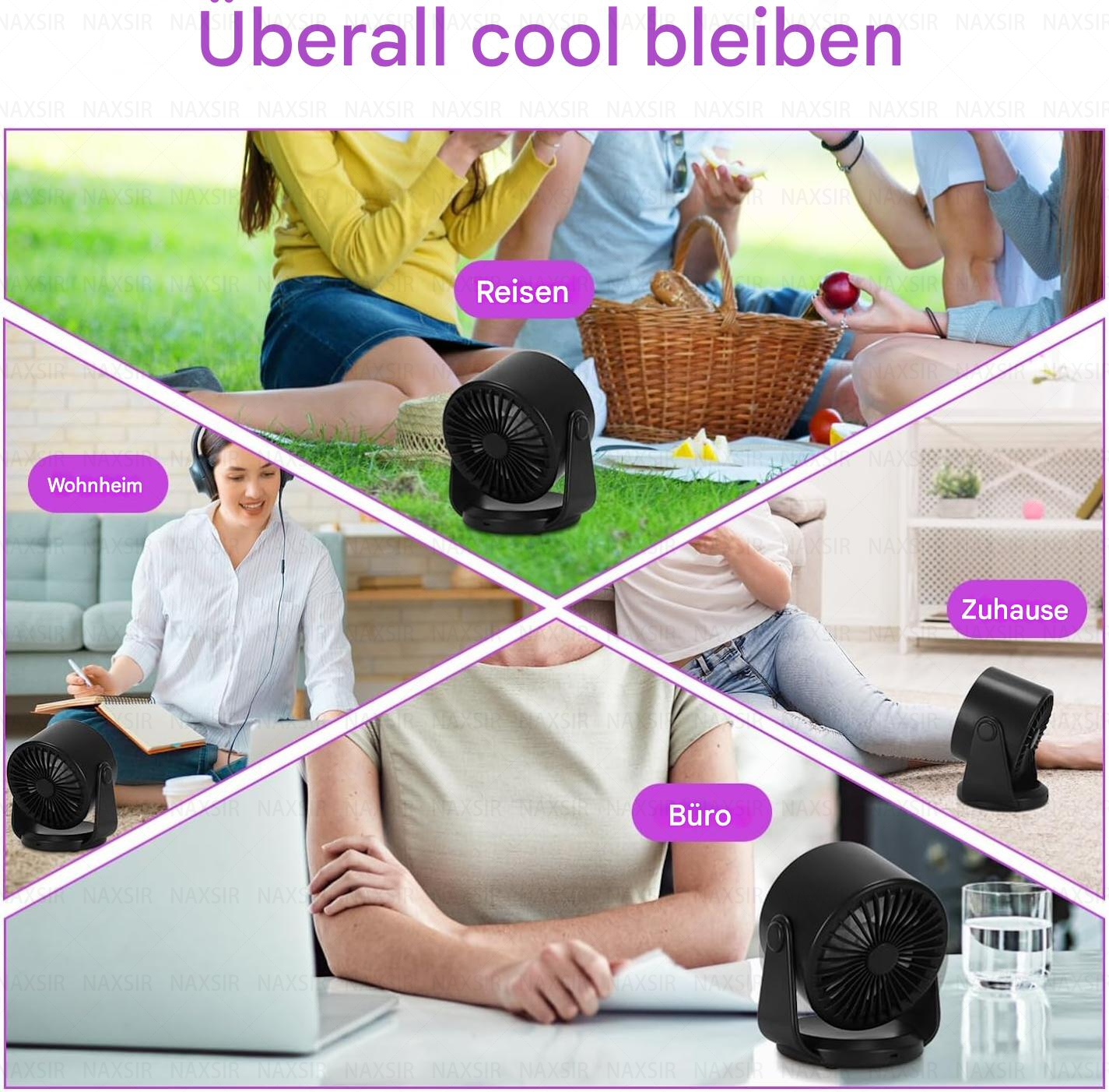 Ventilator in verschiedenen Umgebungen: Zuhause, Büro, Reise, Picknick, Kopfhörer.