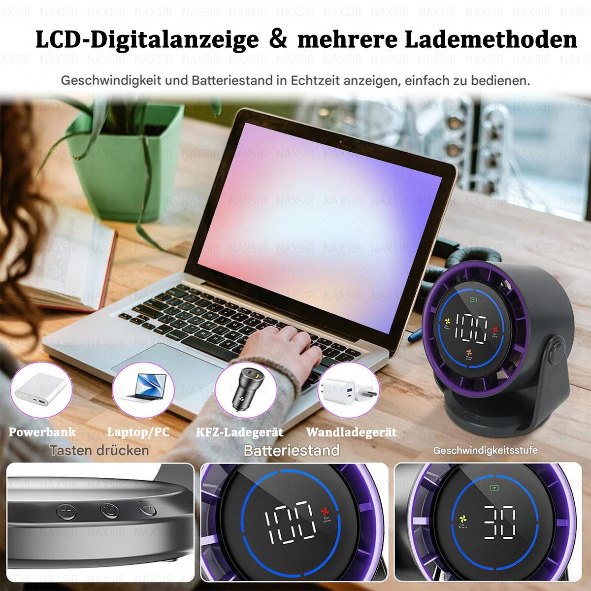 Laptop mit Bildschirm. Kleiner Ventilator mit Digitalanzeige rechts.