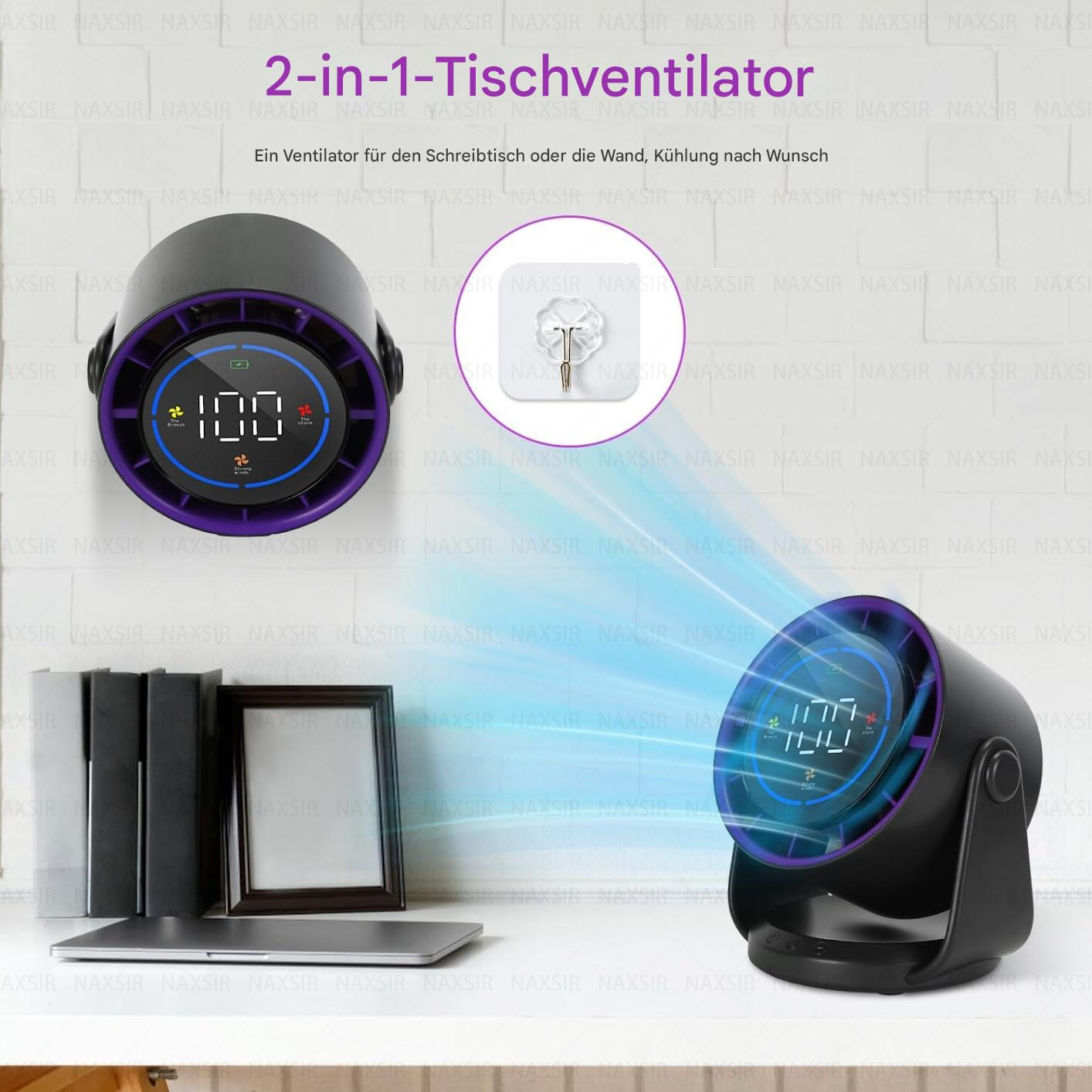 Zwei schwarze Ventilatoren auf einer weißen Oberfläche mit Text, einem Laptop und einem Bilderrahmen.