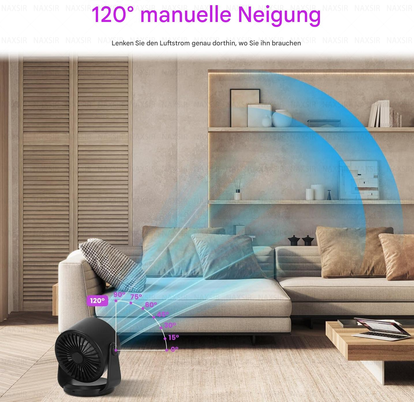 Ein schwarzer Ventilator mit einstellbarem Winkel, der die Luftstromgrade zeigt.