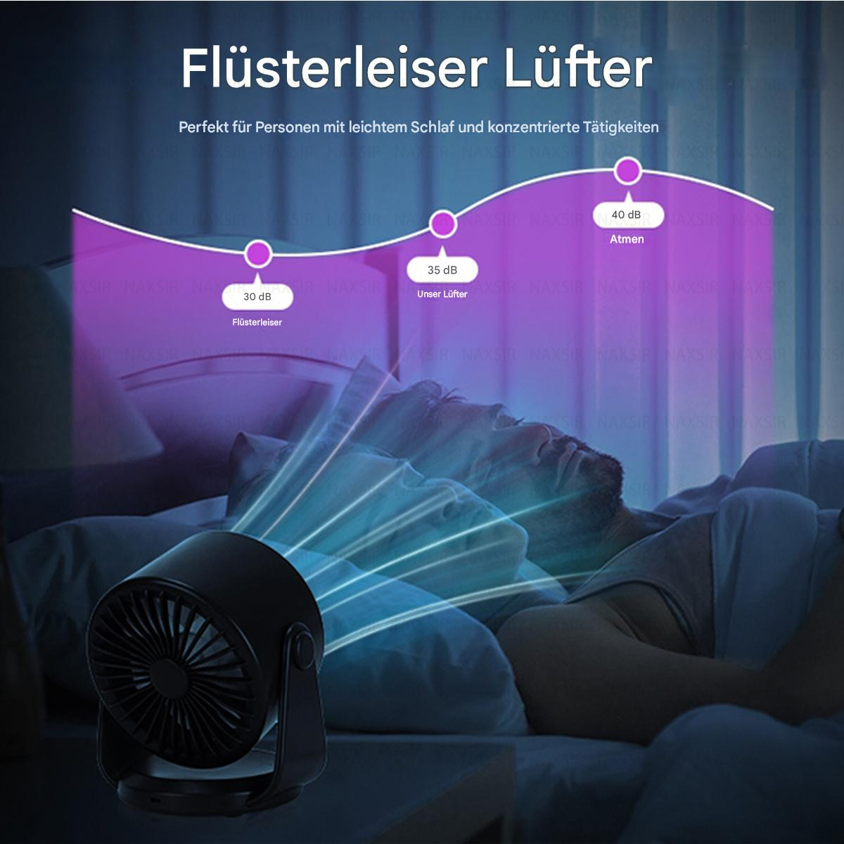 Ein Mann schläft im Bett, ein Ventilator bläst Luft. Der Ventilator hat leise Einstellungen.