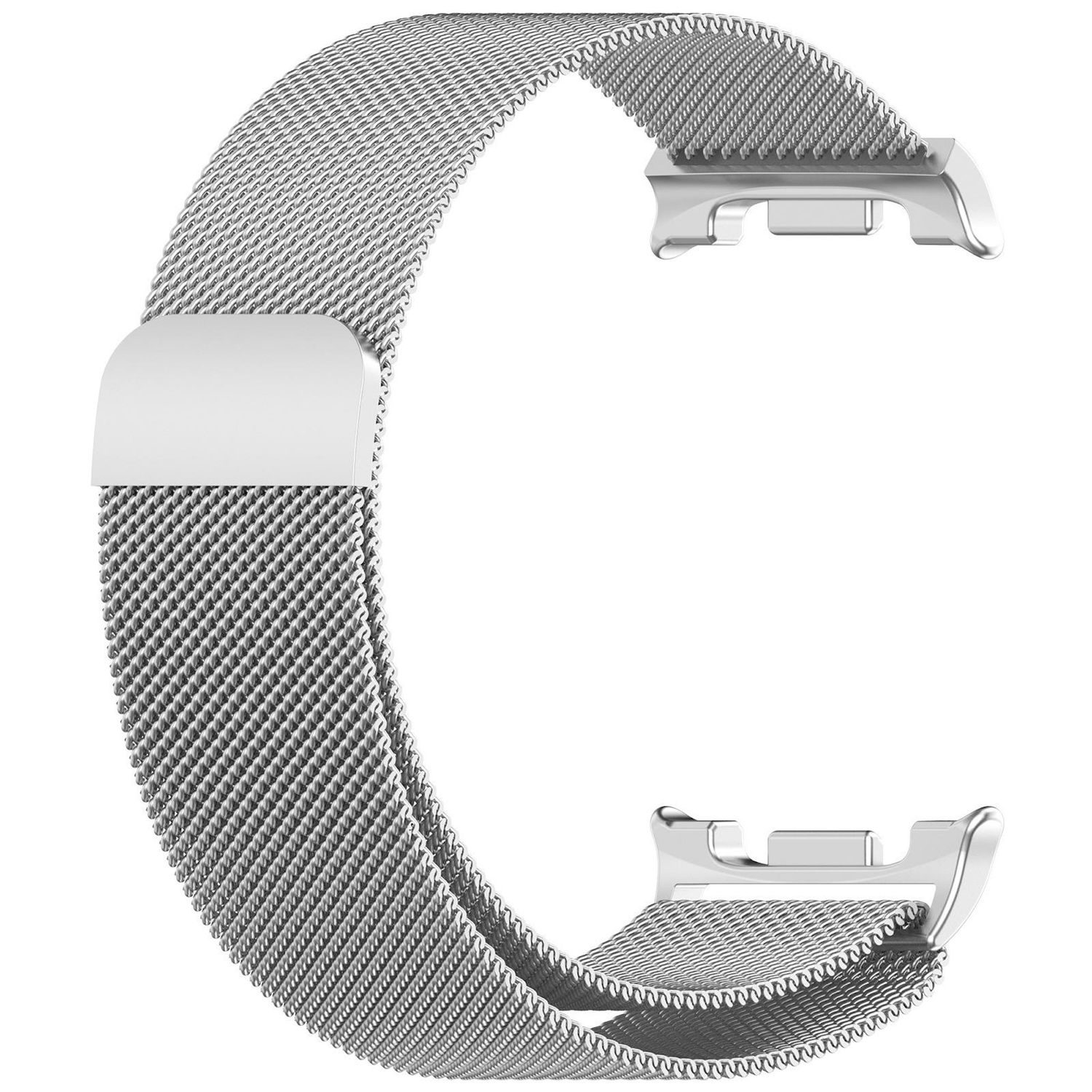 Ein silbernes Metallgeflecht-Uhrenarmband, isoliert auf Weiß.