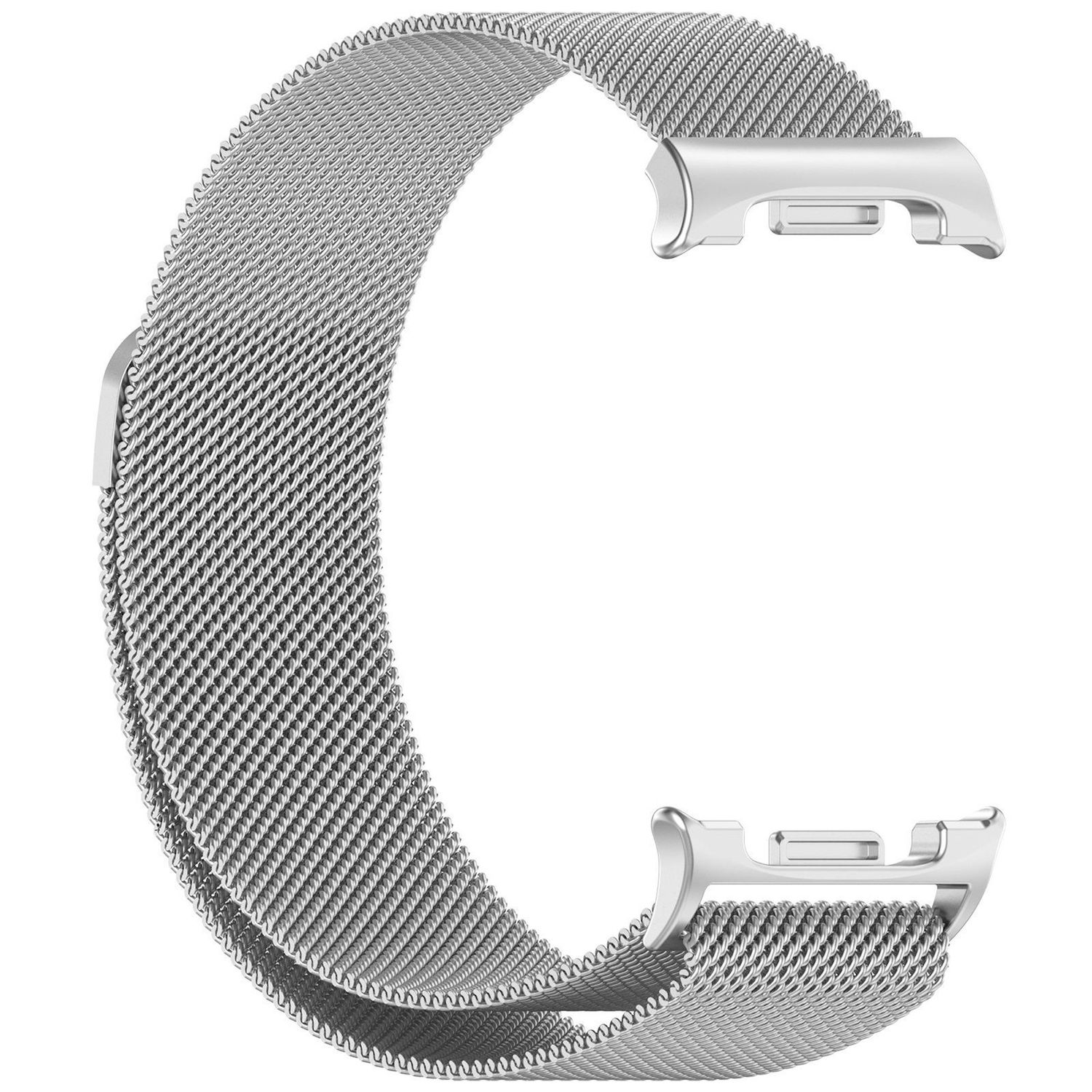 Silbernes Uhrenarmband aus Metallgeflecht mit Verschlüssen an beiden Enden.
