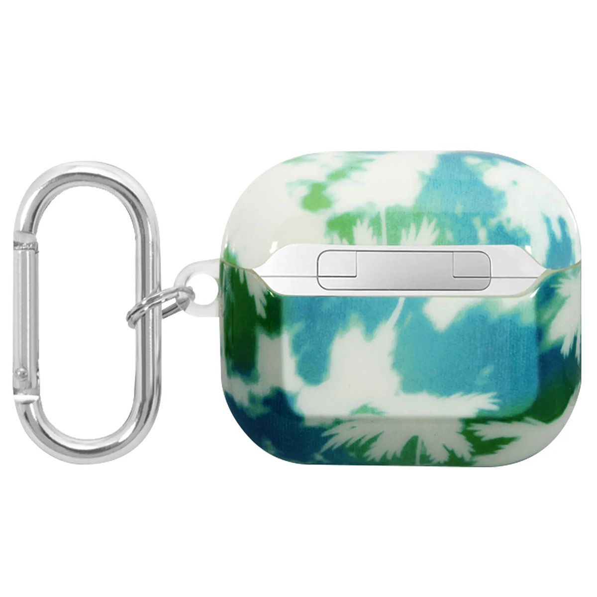 Una funda de AirPods teñida con un clip de mosquetón plateado. La funda tiene diseños verdes y azules sobre una base blanca.