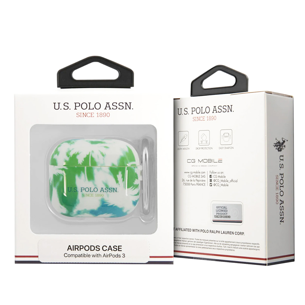 Dos cajas de estuches AirPods, una abierta. Ambas cajas son blancas con el logotipo de U.S. Polo Assn. e imágenes de estuches.