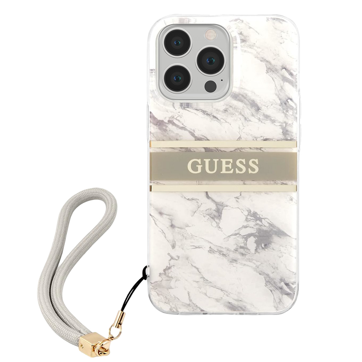 Custodia per telefono marmorata con striscia dorata e la parola GUESS. La custodia ha un cinturino.