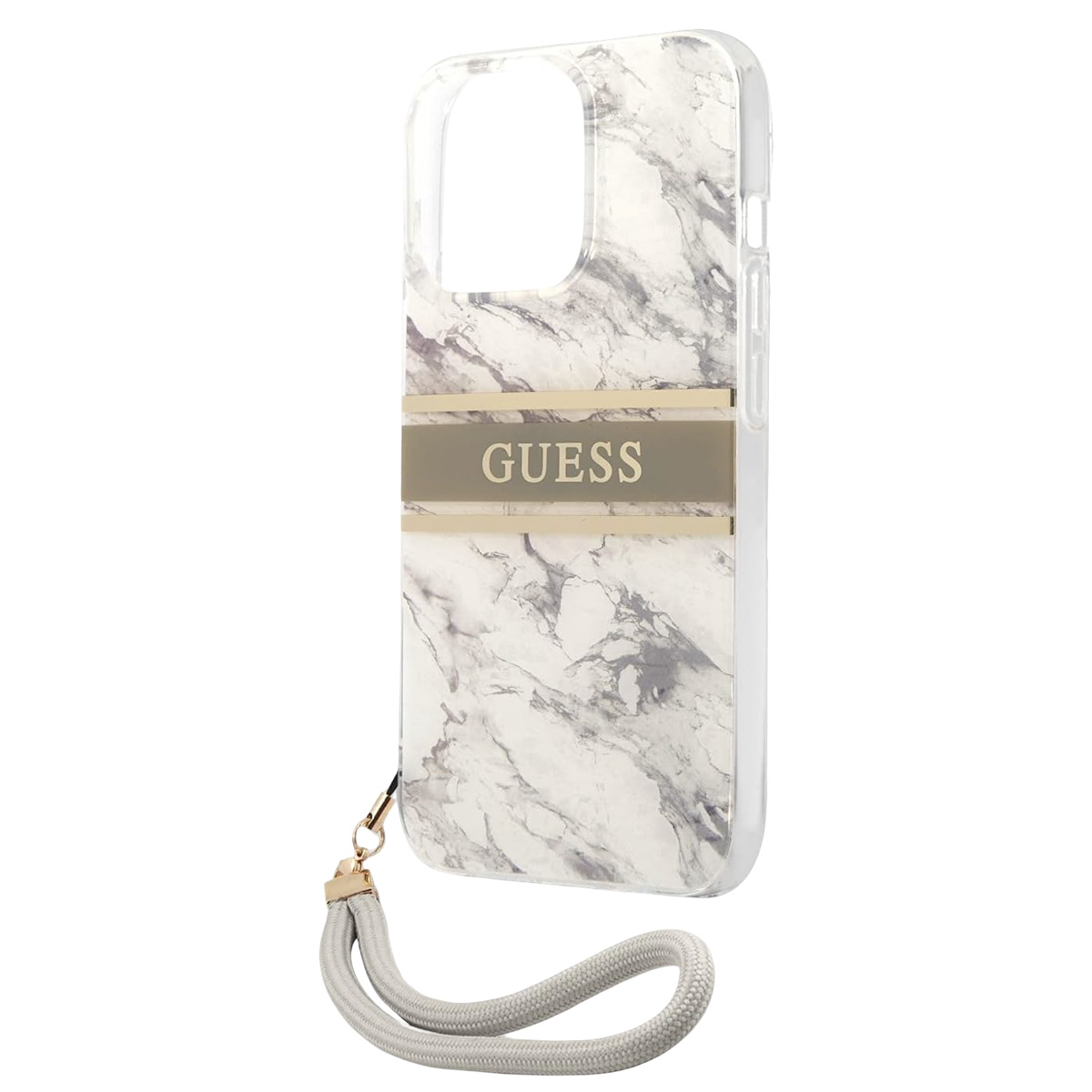 Una custodia per telefono con motivo marmoreo, una striscia dorata e il marchio 'GUESS'.