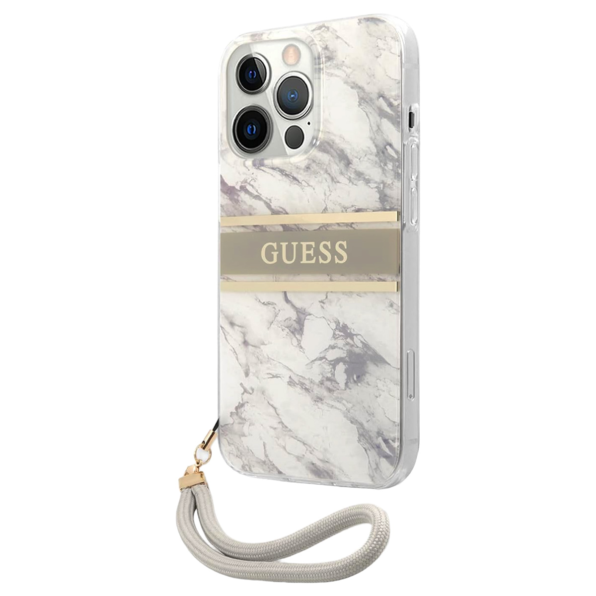 Un telefono con motivo marmoreo con custodia. Ha tre fotocamere, una striscia dorata e il marchio 'GUESS'.