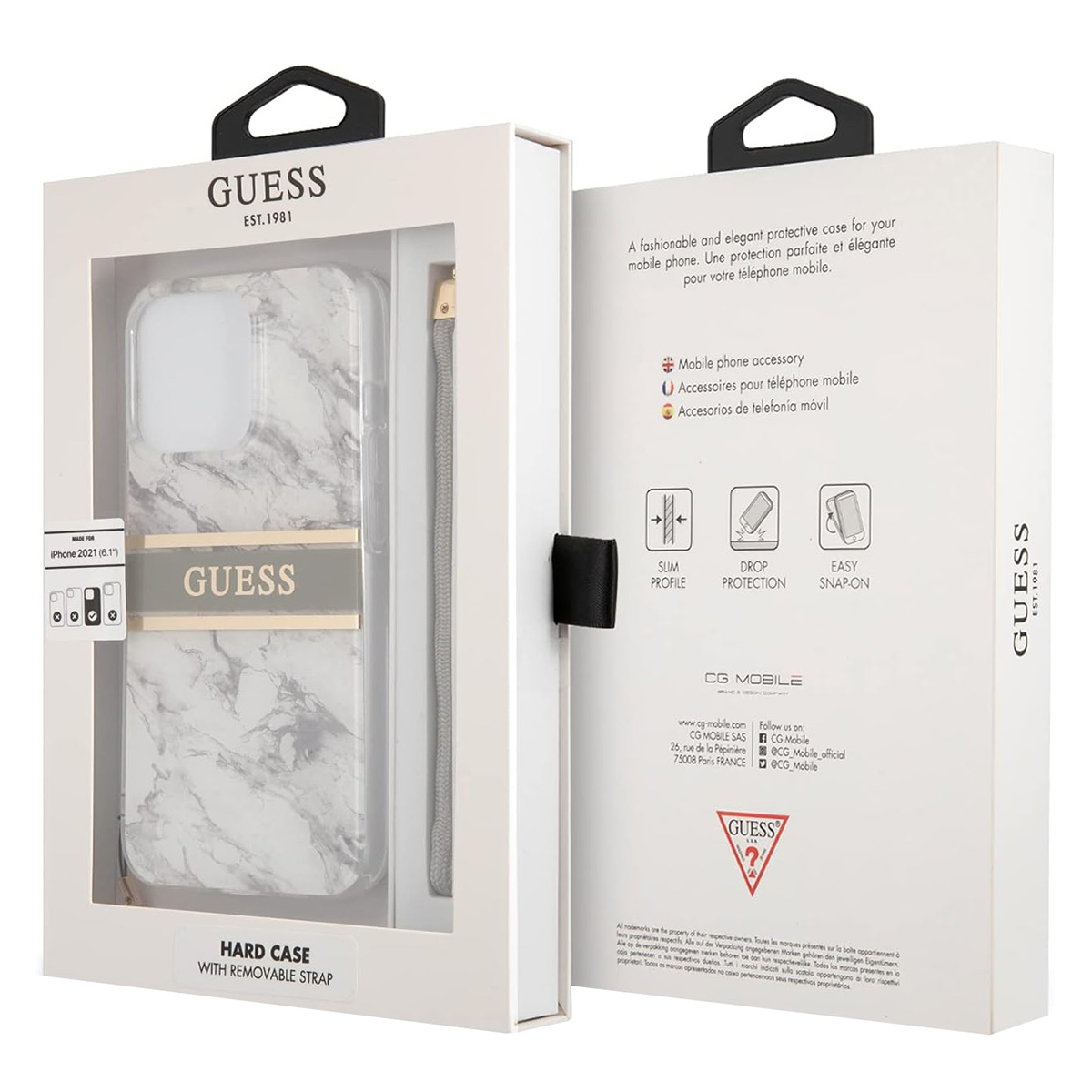 Caja blanca con una funda de teléfono dentro. Texto GUESS en la funda. Embalaje blanco y negro.