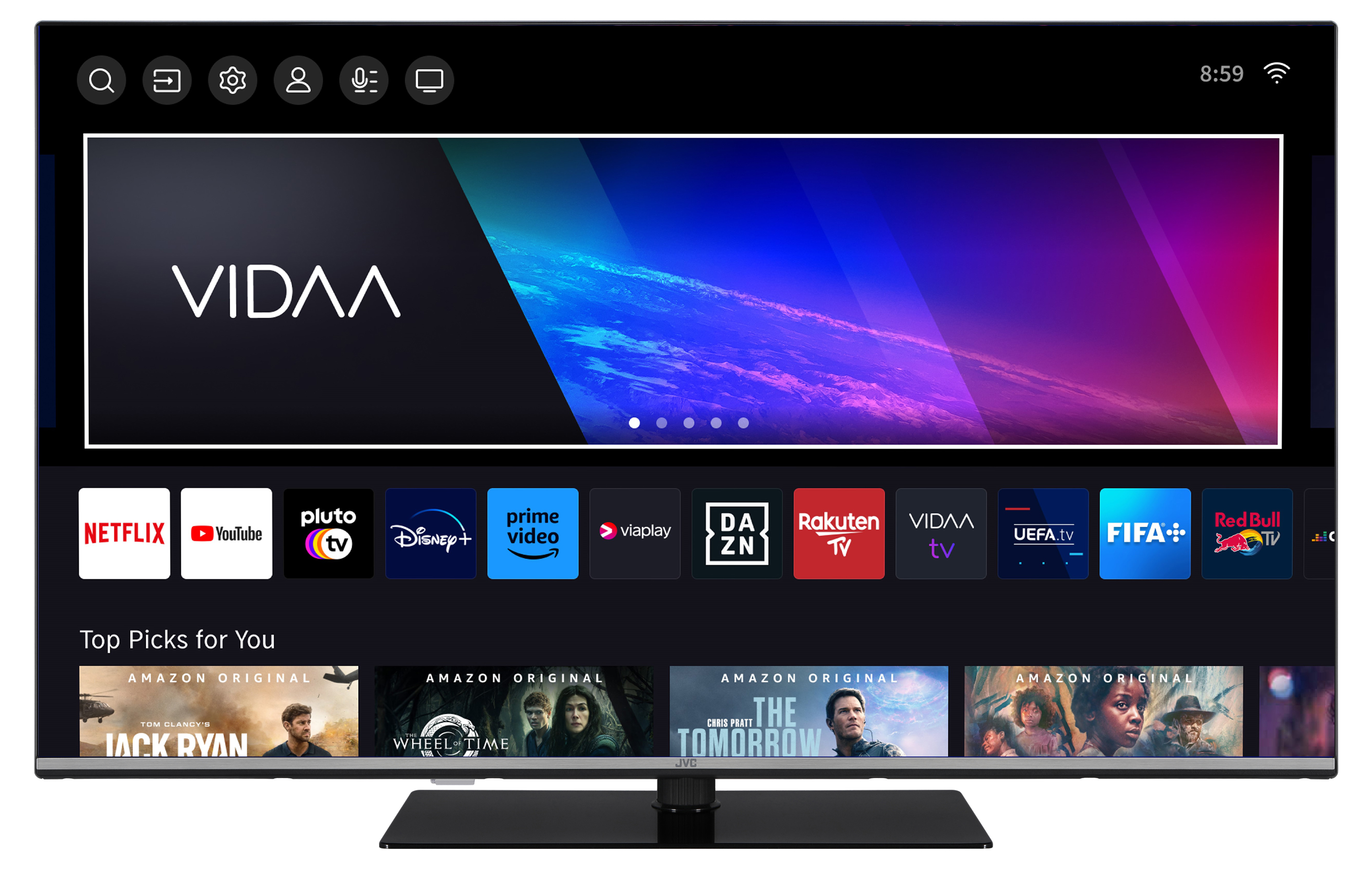Un televisore a schermo piatto mostra un'interfaccia VIDAA con icone di app e uno sfondo sfumato.