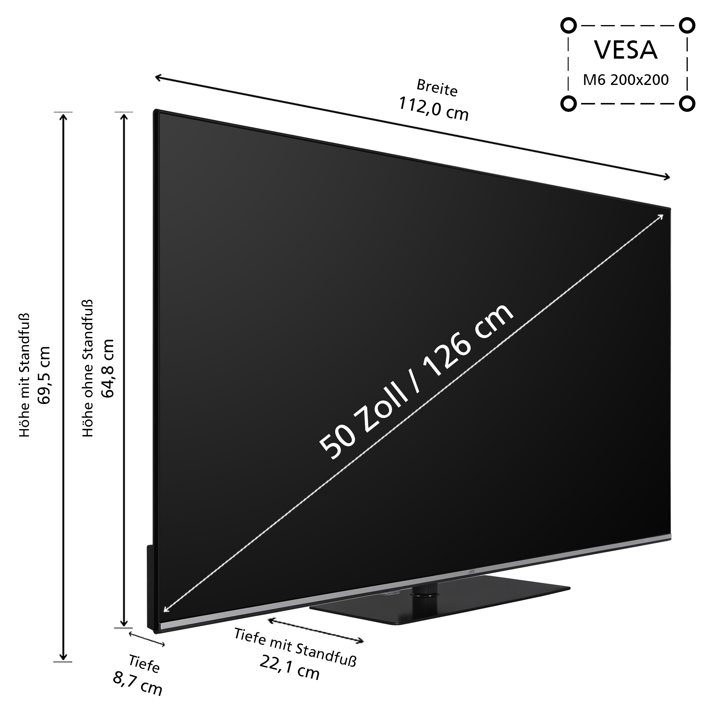 Una grande TV nera con dimensioni e misure. La TV è su un supporto.