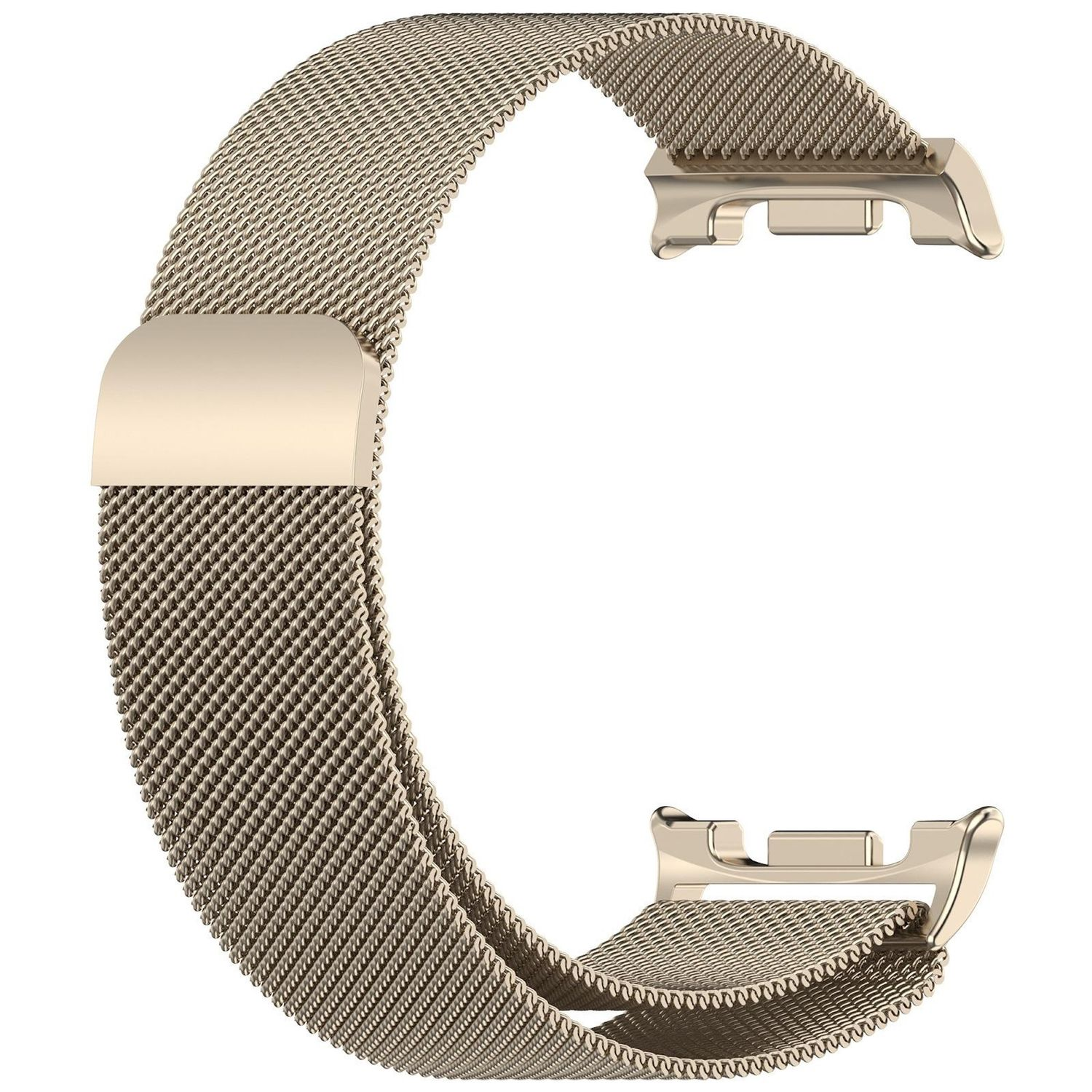 Ein goldfarbenes Uhrenarmband im Netzstil, in C-Form gebogen, mit Verschlüssen an jedem Ende.