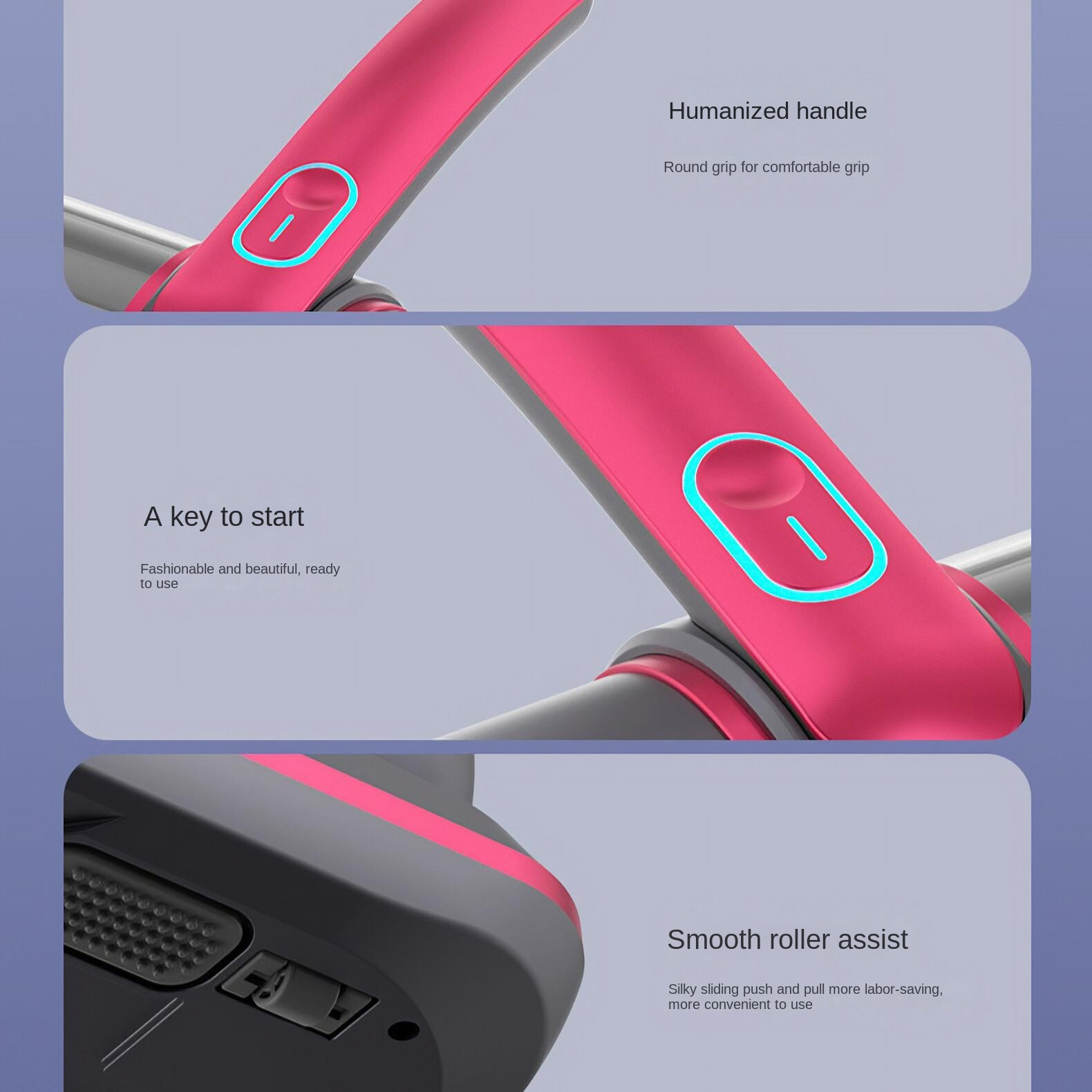 Nahaufnahme eines rosa Griffs mit blauem Knopf, plus Text und Diagramme zu den Produktmerkmalen.