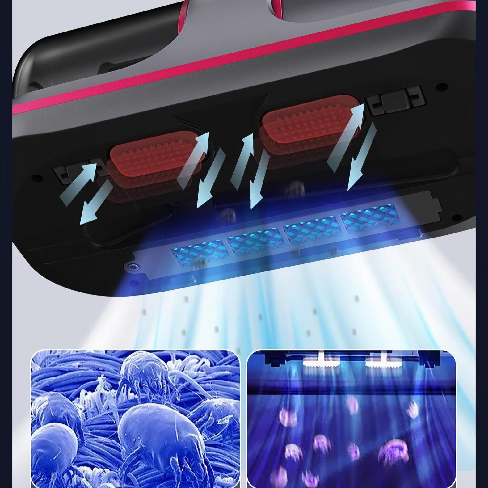 Nahaufnahme eines Staubsaugersockels mit Pfeilen, die UV-Licht und die Bilder von Hausstaubmilben zeigen.