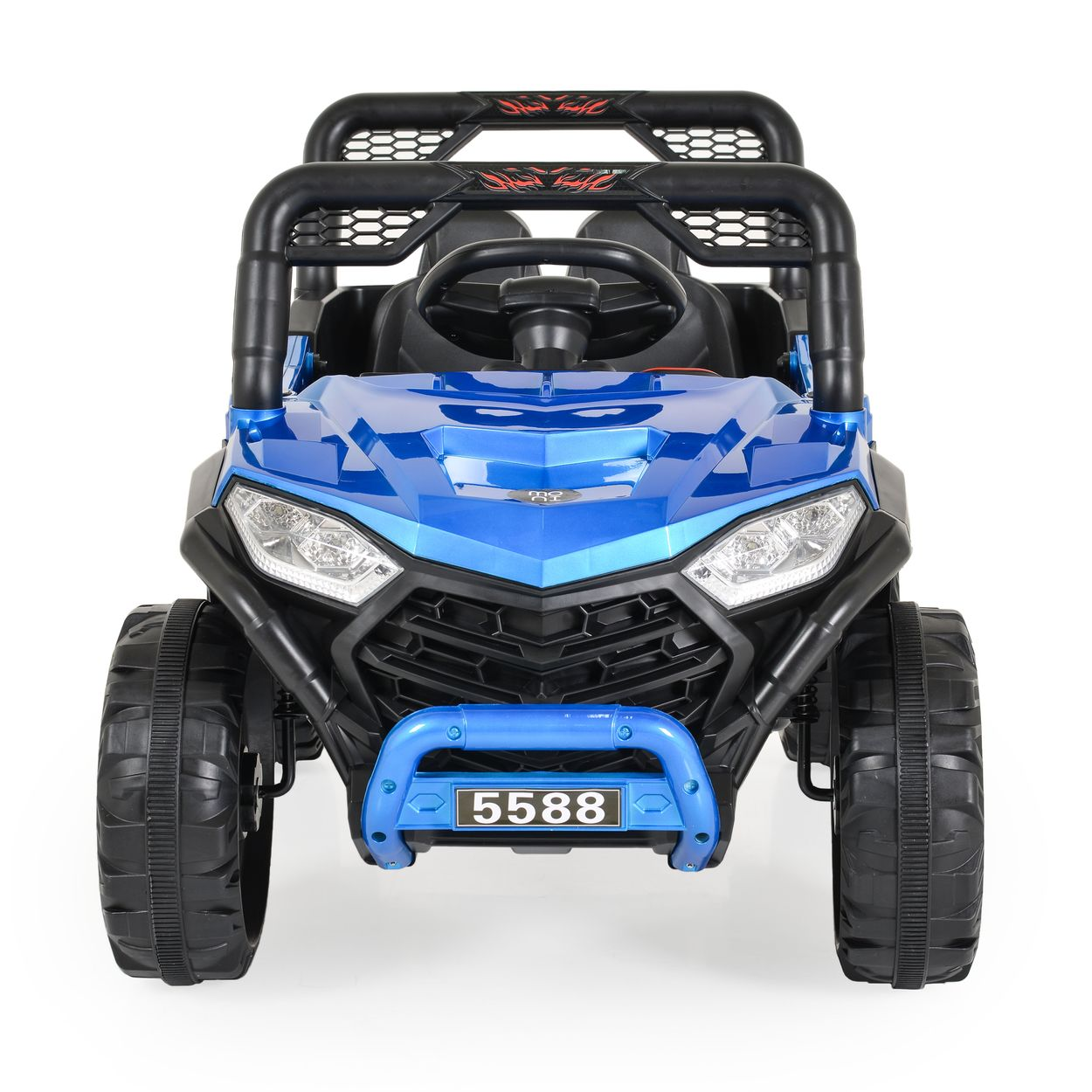 Ein blaues Spielzeugauto mit schwarzen Details auf weißem Hintergrund, von vorne betrachtet.