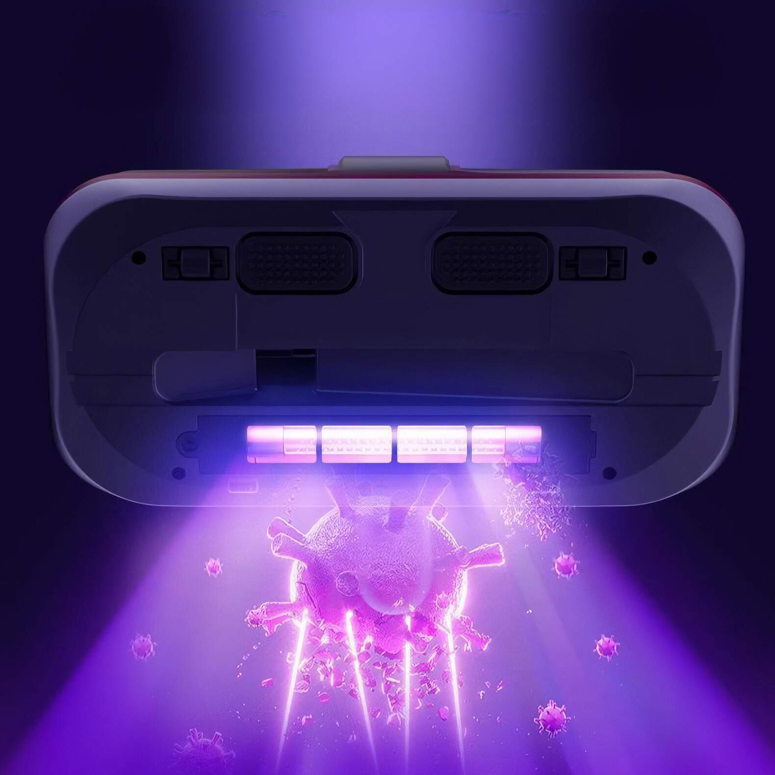 Eine Unteransicht eines Staubsaugerbodens mit UV-Licht und Bildern von Keimen.
