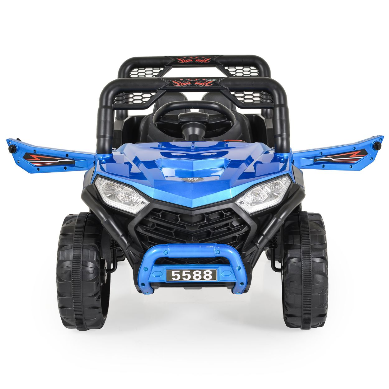 Ein blaues Spielzeugauto mit schwarzen Details und Frontlichtern, mit geöffneten Türen, auf weißem Grund.