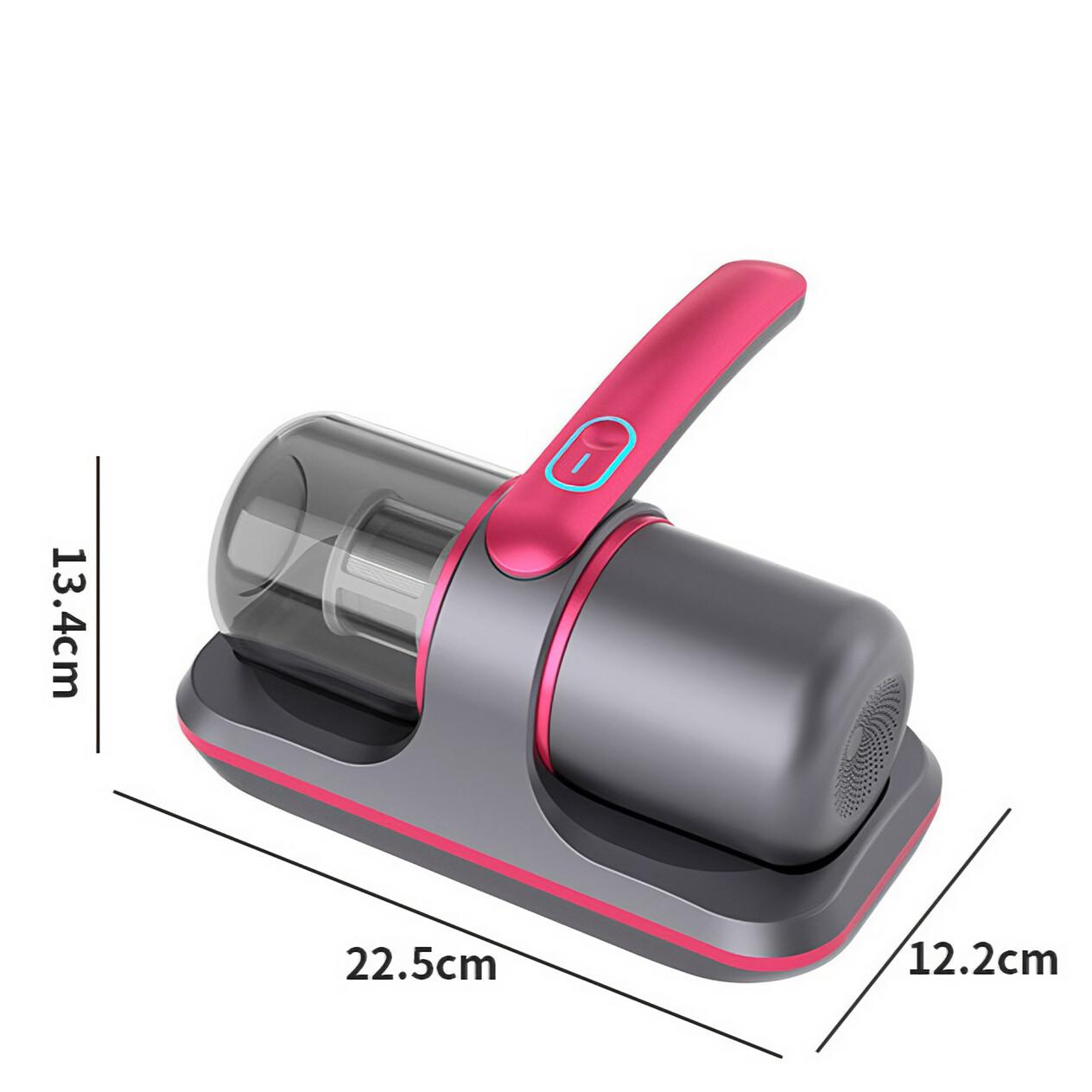 Ein schnurloser Staubsauger in Rosa und Grau mit Größenangaben, auf weißem Hintergrund.