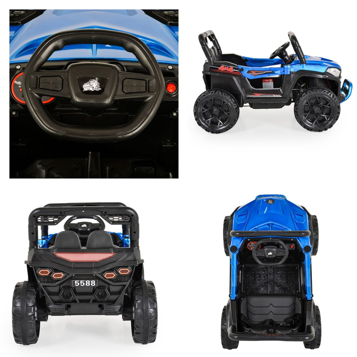 Ein blau-schwarzes Spielzeugauto mit Lenkrad und robusten Reifen vor weißem Hintergrund.