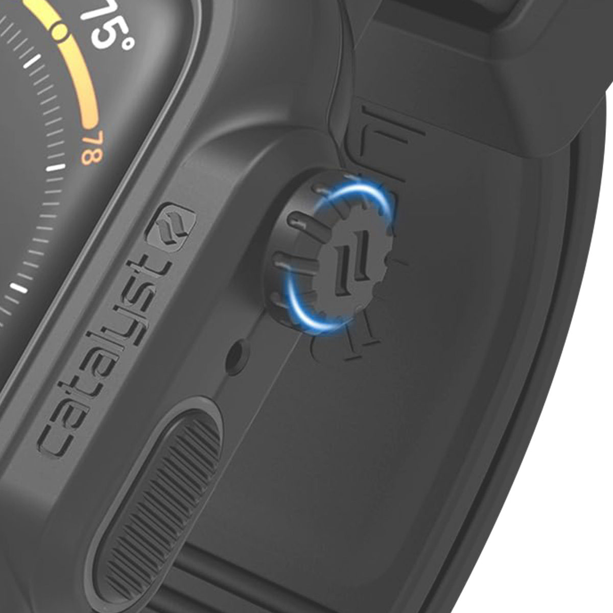 Eine Nahaufnahme des Zifferblatts einer schwarzen Smartwatch mit einer strukturierten, drehbaren Krone auf der rechten Seite.
