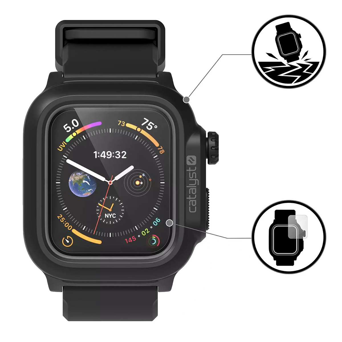 Schwarze Smartwatch in einem Schutzgehäuse, das die Uhrzeit und andere Metriken anzeigt. Diagramme zeigen Funktionen.