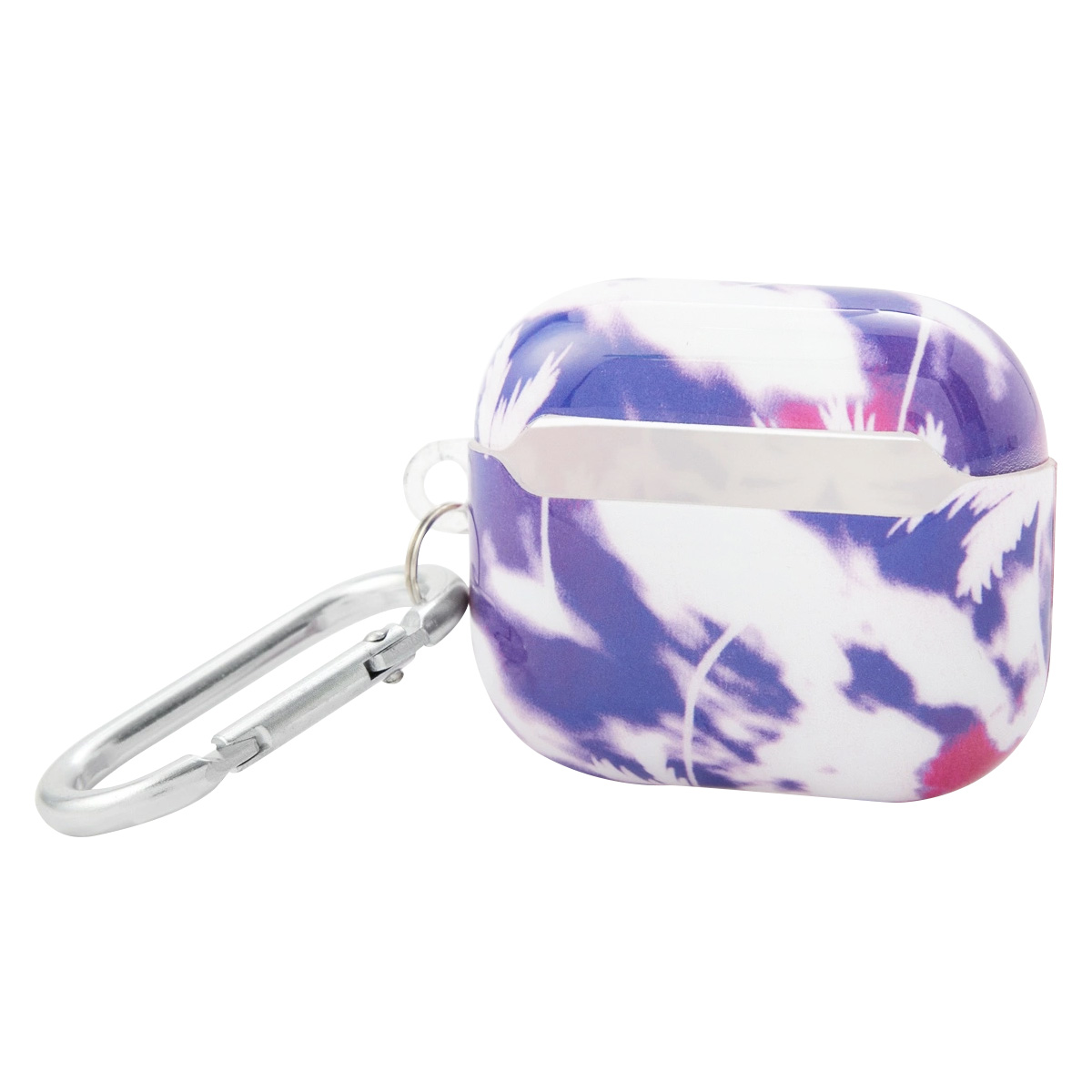 Una funda para AirPods blanca y rosa con diseño tie-dye y clip plateado, con la marca U.S. Polo Assn.