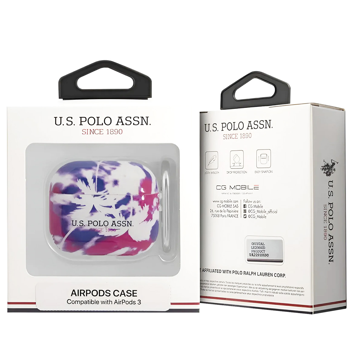 Dos cajas que muestran una funda para AirPods con diseño tie-dye y la información de la marca U.S. Polo Assn.