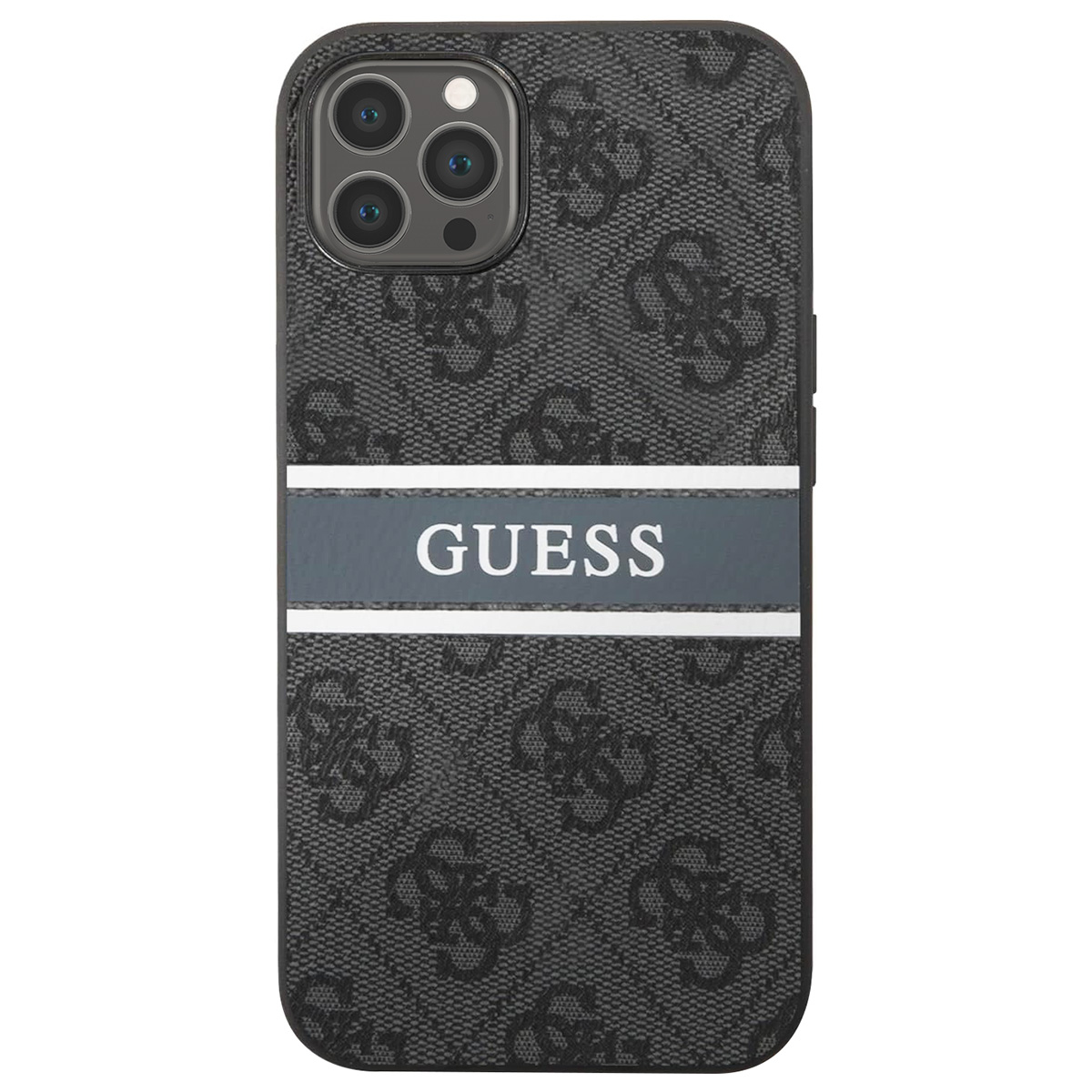 Eine Handyhülle mit einem GUESS-Logo. Die Hülle ist schwarz und grau mit sich wiederholendem Muster.