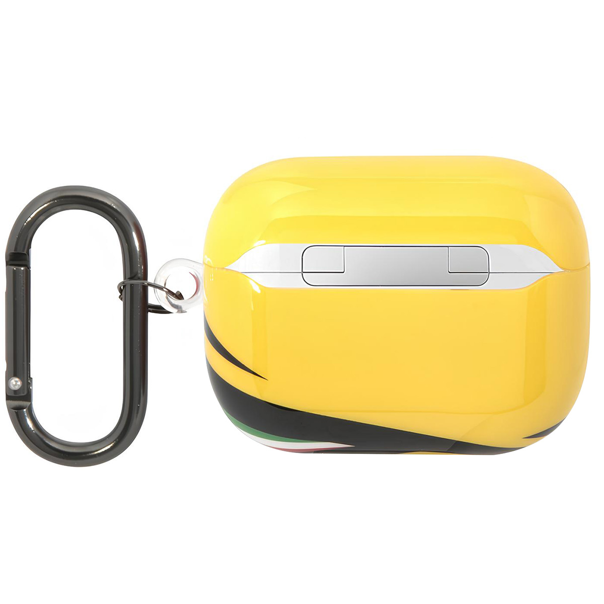 Una funda de auriculares amarilla con el logo de Ferrari, una raya negra y verde y un mosquetón.