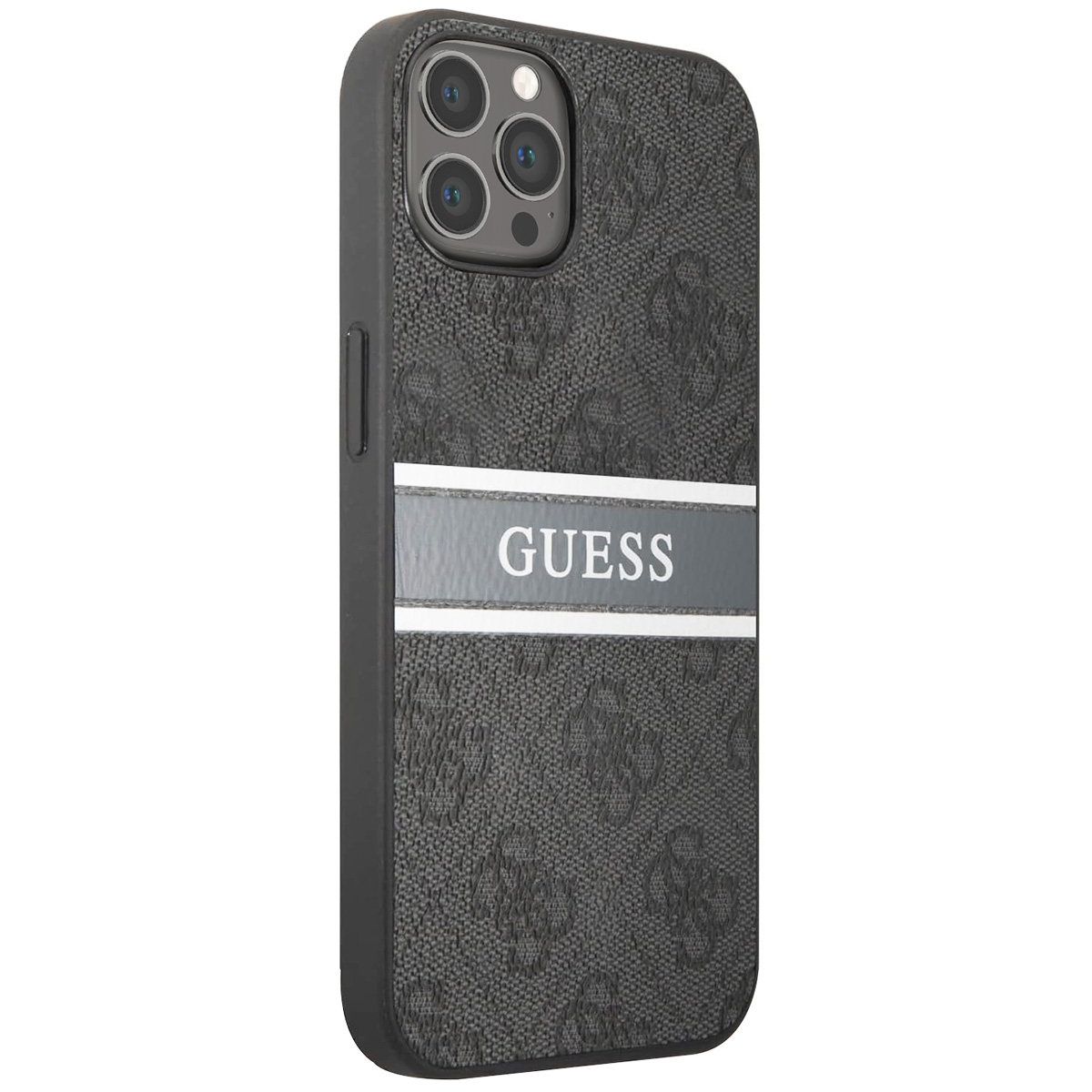 Eine Handyhülle mit einem GUESS-Logo. Die Hülle ist schwarz und grau mit sich wiederholendem Muster.