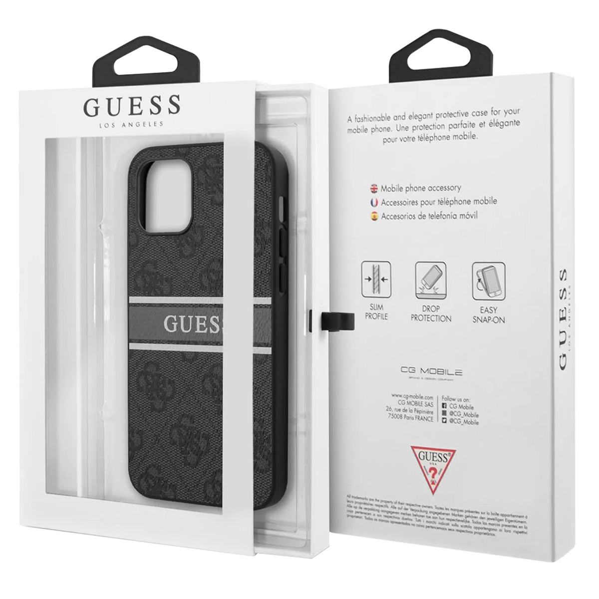 Eine Handyhülle in einer Box, mit einem schwarz-grauen Muster und weißem Text.