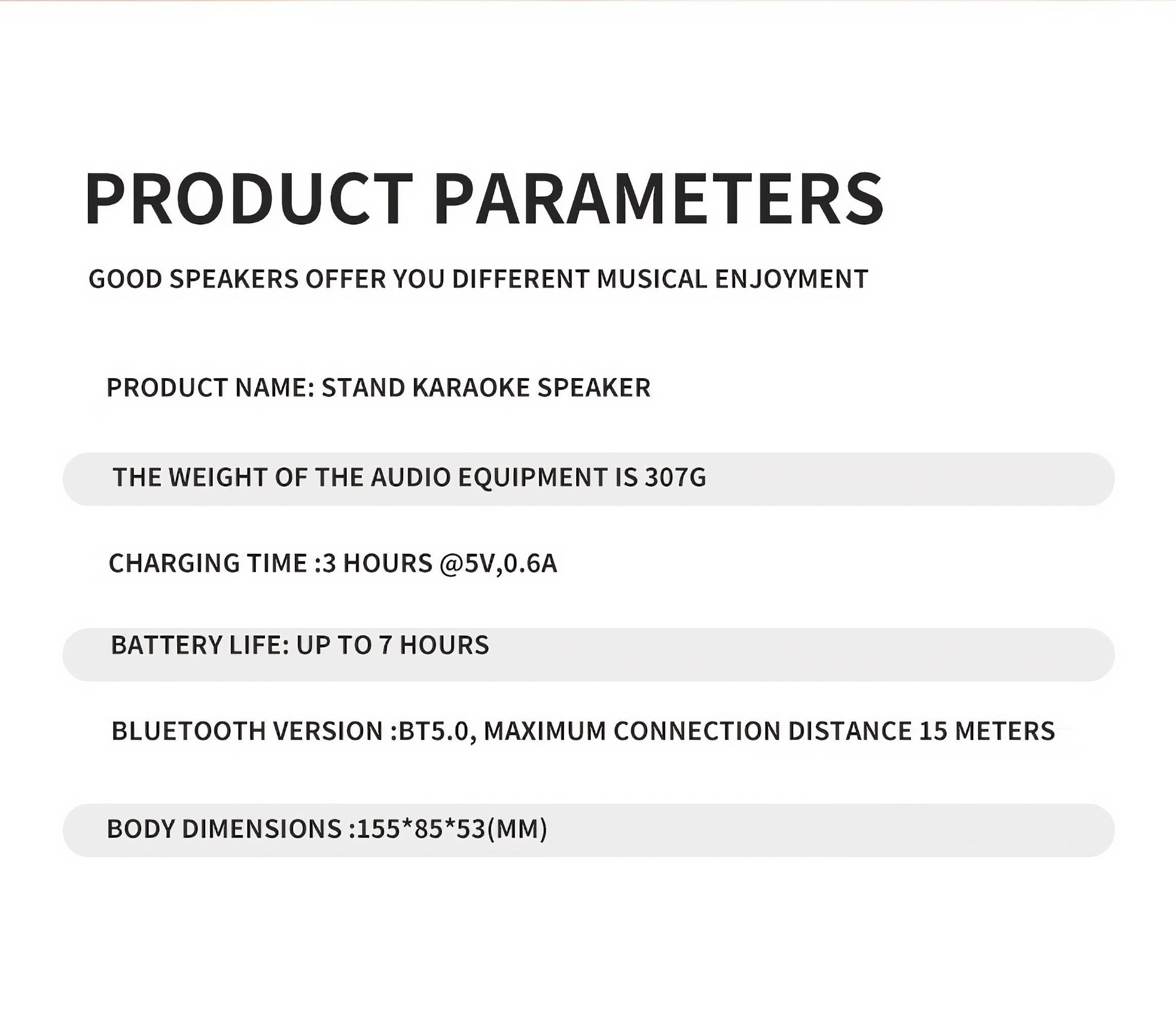 Produktinformationstext. Gute Lautsprecher bieten musikalischen Genuss, Produktname: Stand-Karaoke-Lautsprecher, Gewicht 307g.