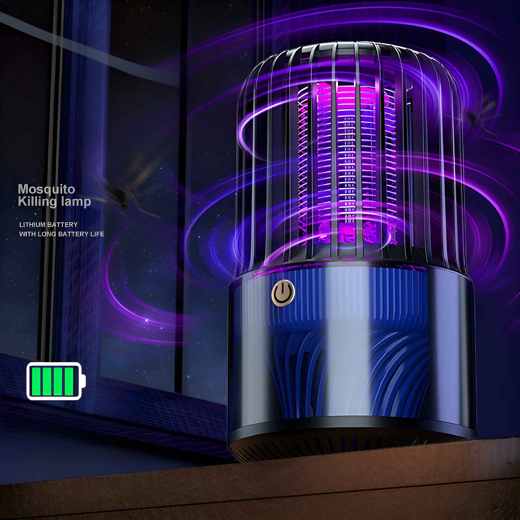 Eine Mückenvernichterlampe mit violettem Leuchten, eine grüne Batteriestandsanzeige ist sichtbar. Sie steht in der Nähe eines Fensters mit dunklem Hintergrund.