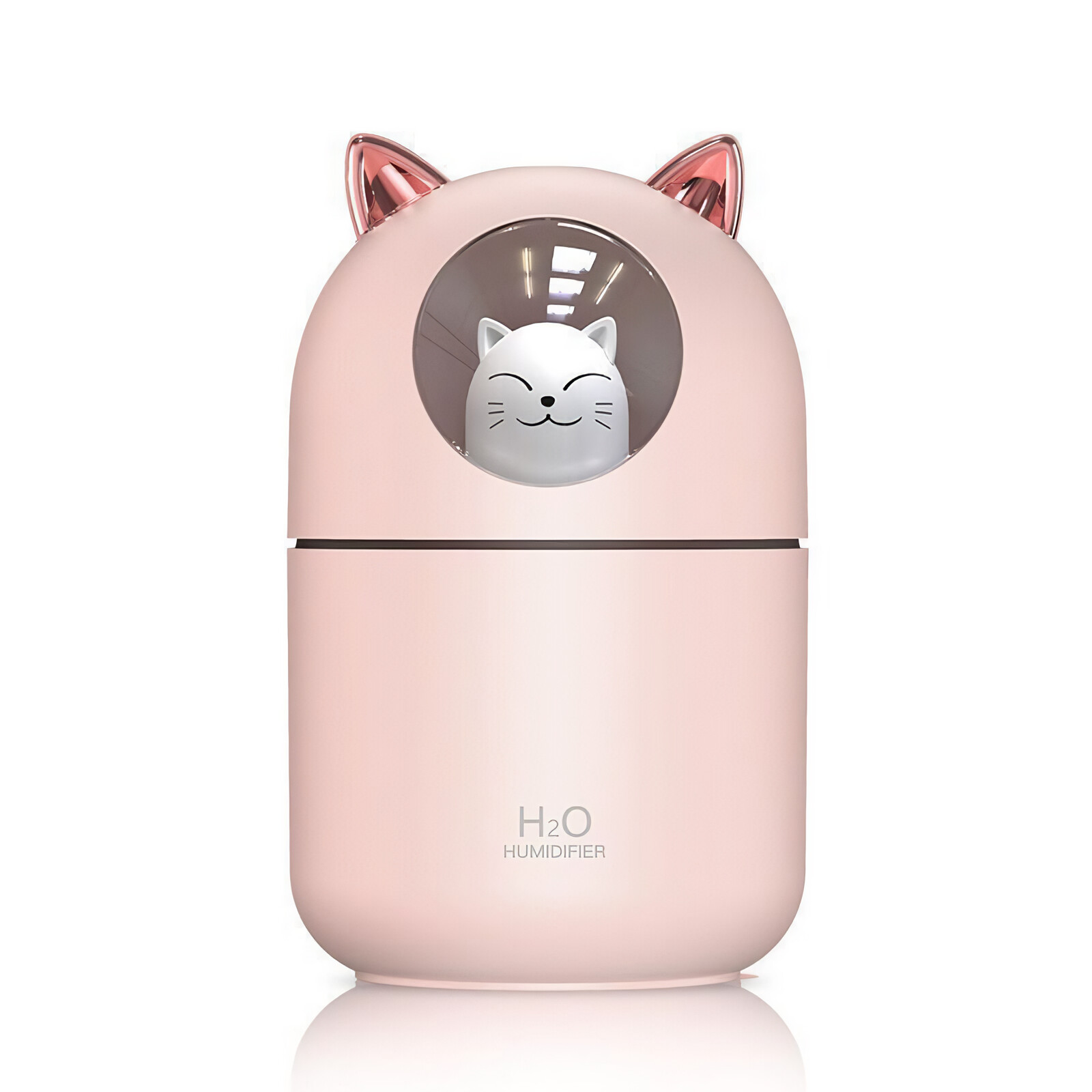 Ein rosa Luftbefeuchter mit Katzenohren und einem Katzengesicht, das aus der Kuppel schaut. Der H2O-Luftbefeuchter hat einen weißen Hintergrund.