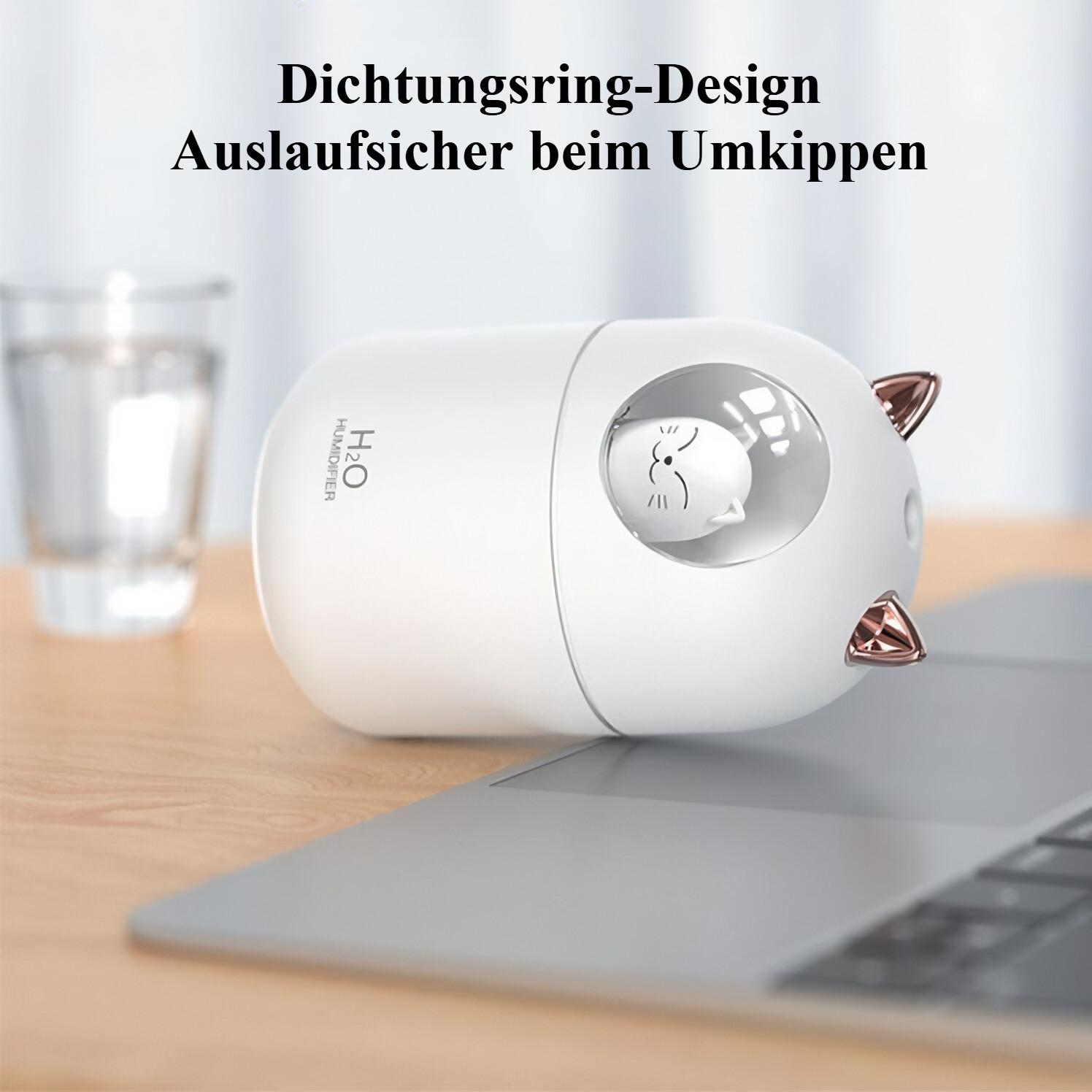 Ein weißer, katzenförmiger Luftbefeuchter liegt auf einem Laptop. Text oben.