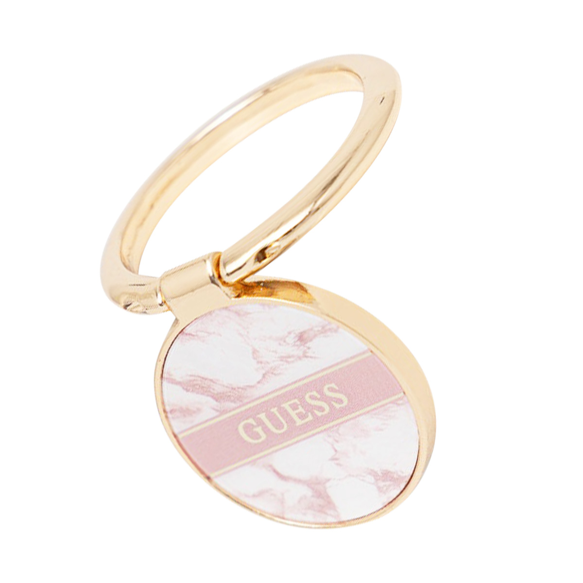 Support de bague Guess sur fond blanc. L'anneau est doré, logo sur marbre rose.