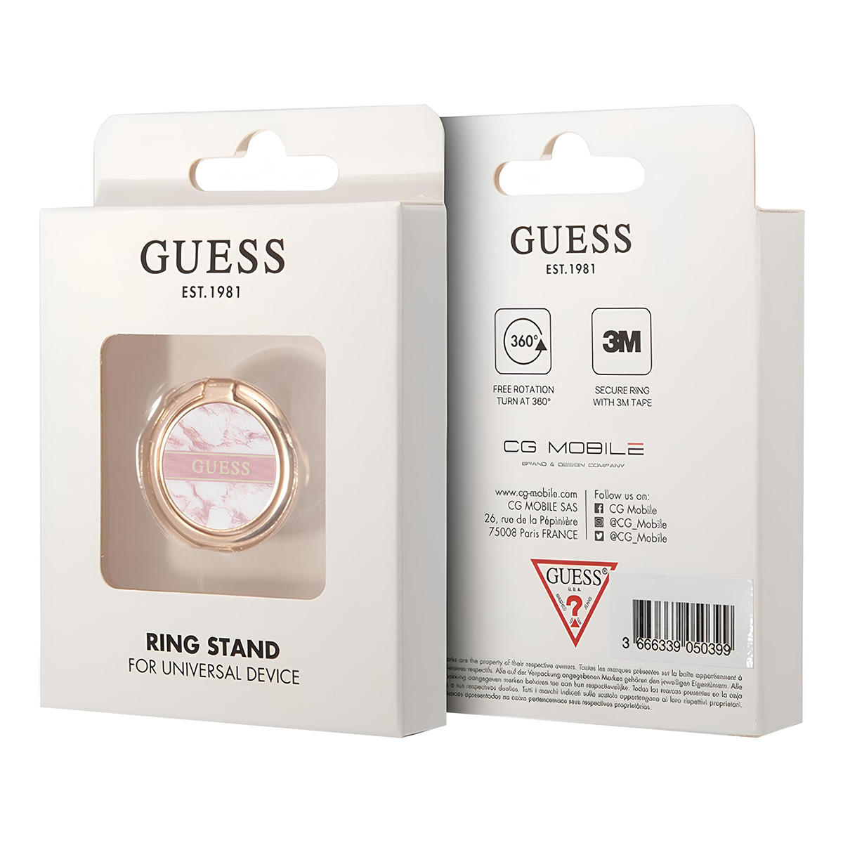 Boîte blanche avec support de bague Guess. La bague est dorée et rose.