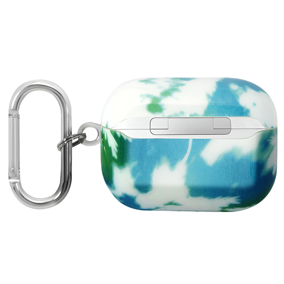 Funda AirPods Pro. La funda es blanca y azul con diseño tie-dye y clip plateado.