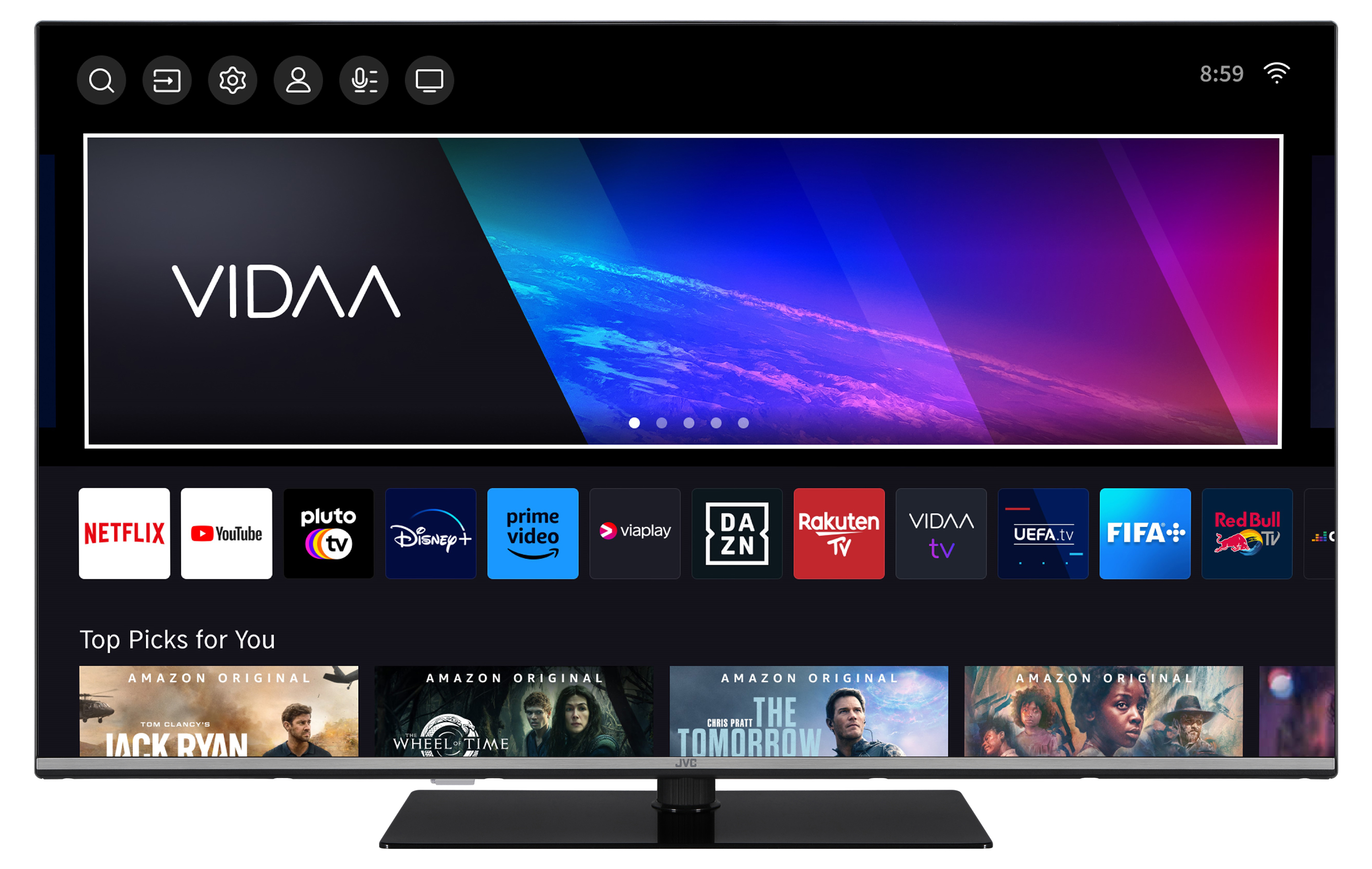 Ein schwarzer Fernseher zeigt ein Menü mit App-Symbolen an. Der Bildschirm zeigt das 'VIDAA'-Logo und einen Farbverlauf.