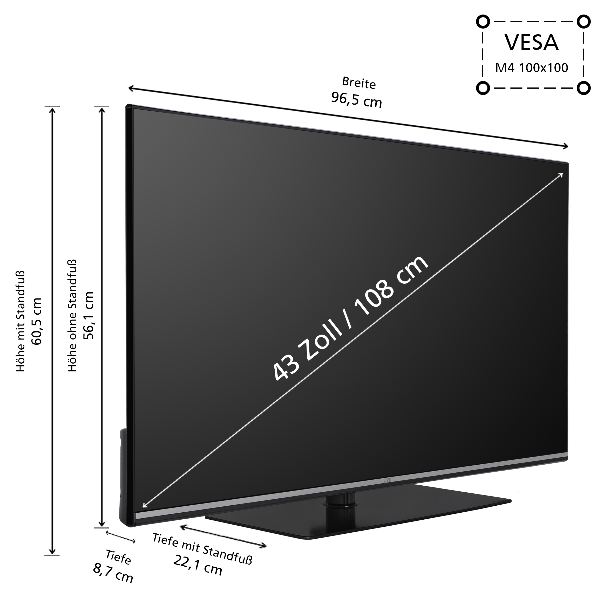 Ein Fernseher mit Maßen und Spezifikationen wird gezeigt. Der Bildschirm ist schwarz, mit einem Diagramm der Abmessungen.
